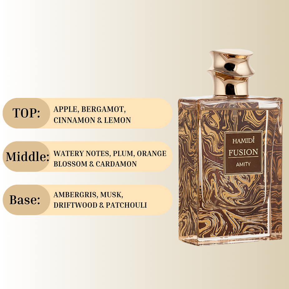 Hamidi FUSION AMITY EDP spray 85ml bottle with citrus aroma, showcasing elegant packaging and sleek design.