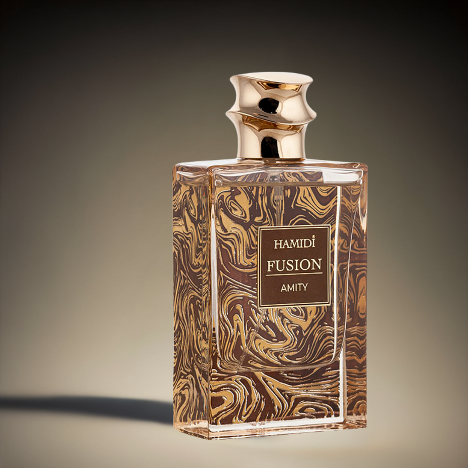Hamidi Fusion Amity EDP Eau De Parfum spray bottle, featuring a sleek design and citrus fragrance notes.