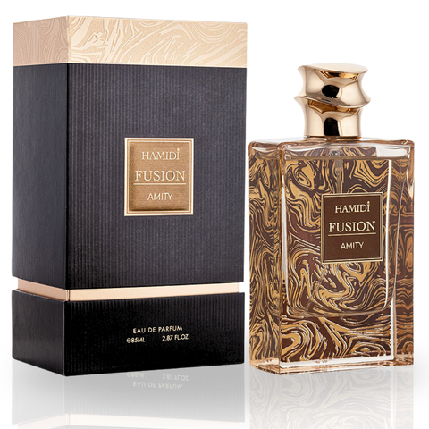 Hamidi FUSION AMITY EDP spray bottle, 85ml, featuring a citrus-scented Eau De Parfum with elegant packaging.