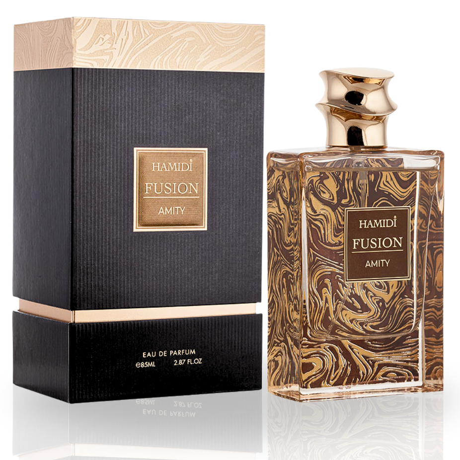Hamidi Fusion Amity EDP spray bottle with citrus-scented Eau de Parfum, 85ml (2.8 oz), showcasing the elegant fragrance packaging.