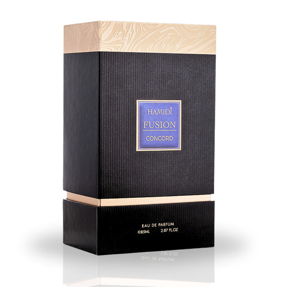 Hamidi Fusion Concord EDP spray 85ml bottle with floral elegant design, showcasing the perfume's timeless allure.