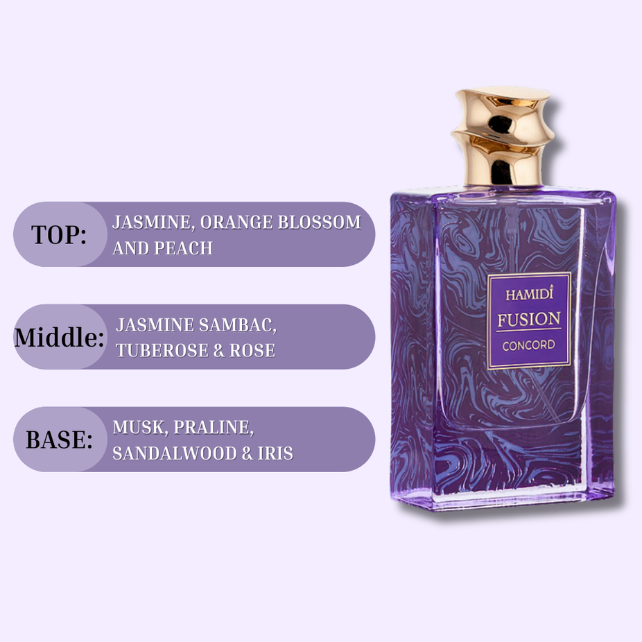 Hamidi Fusion Concord EDP spray 85ml bottle with floral elegant design, showcasing a timeless and luxurious fragrance.