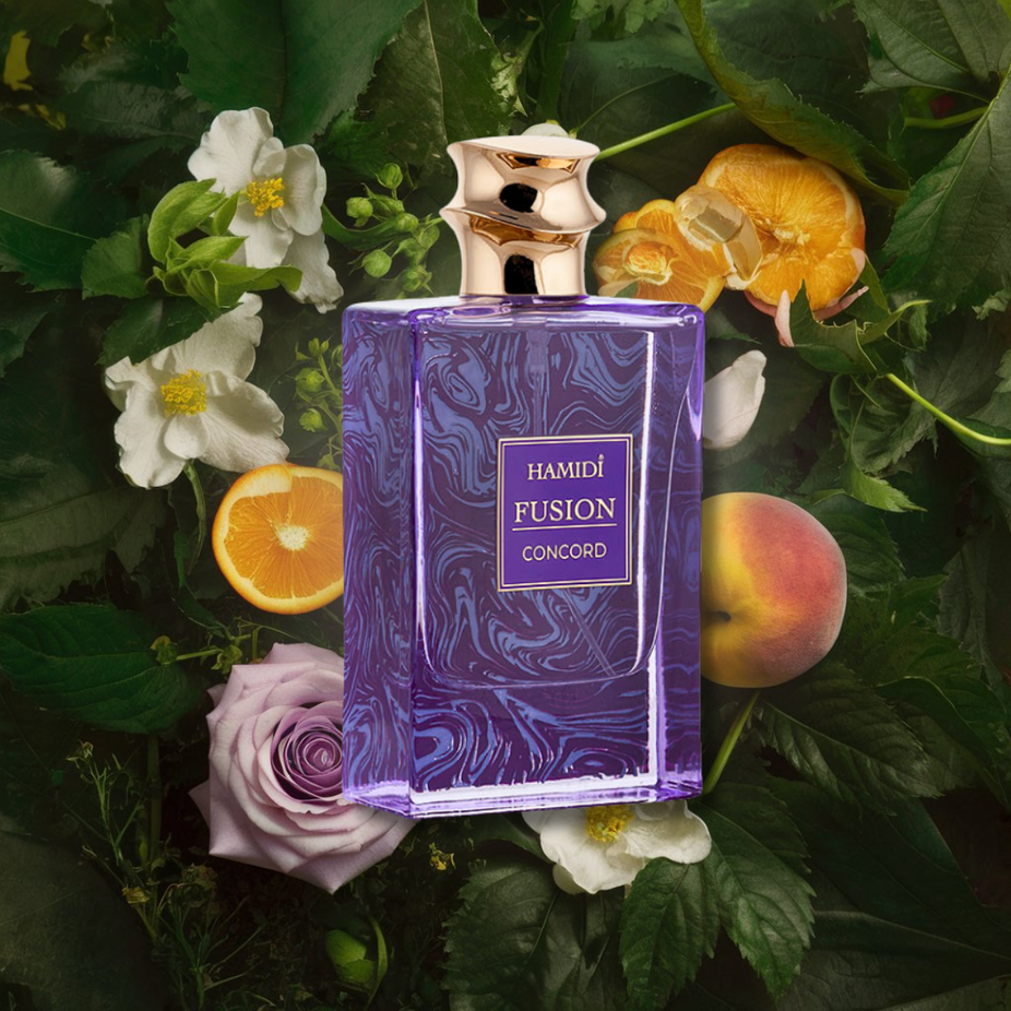 Hamidi Fusion Concord EDP spray bottle, 85ml, featuring a sleek floral-inspired design for timeless elegance and allure.
