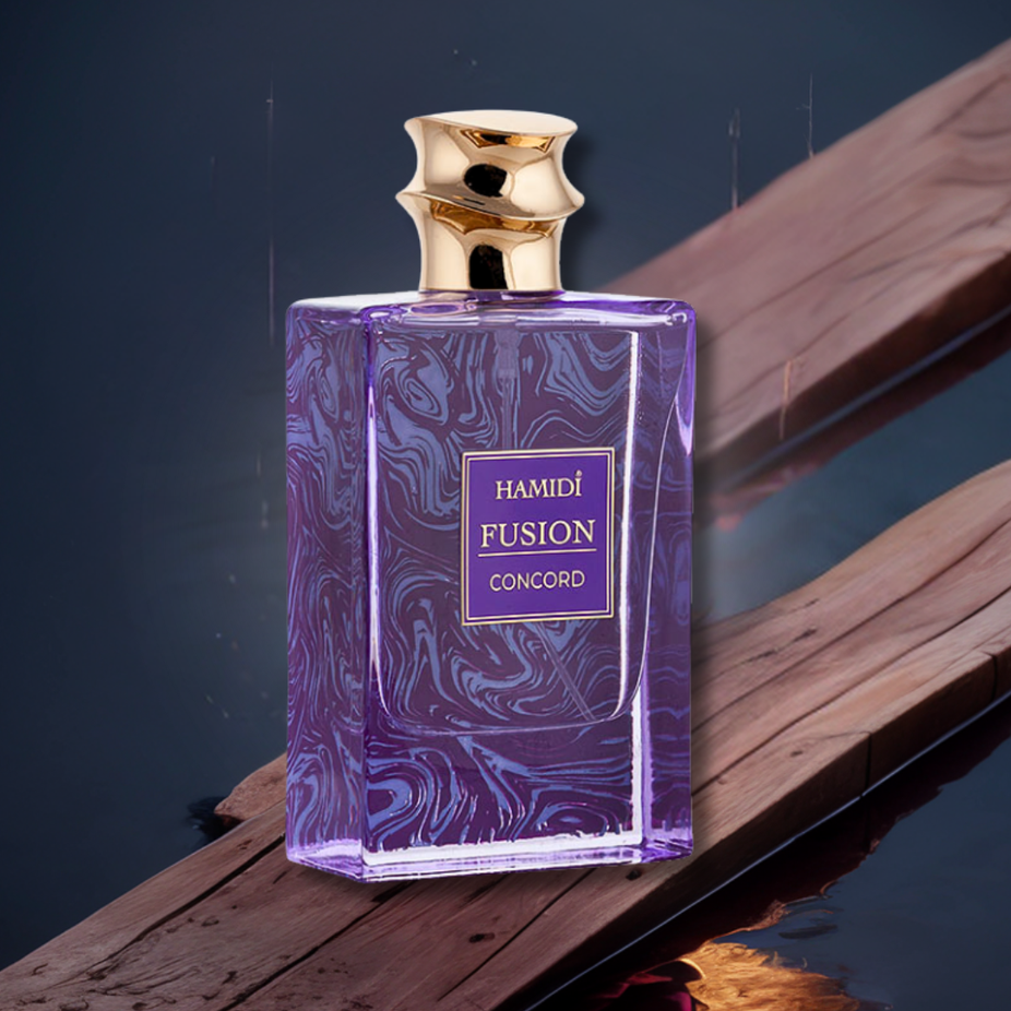 Hamidi FUSION CONCORD EDP spray 85ml bottle with floral elegant design, showcasing the perfume's luxurious packaging.