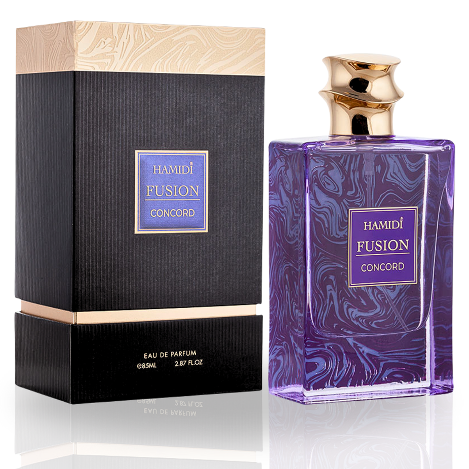 Hamidi FUSION CONCORD EDP spray 85ml bottle showcasing floral elegance and timeless allure with a sleek perfume design.