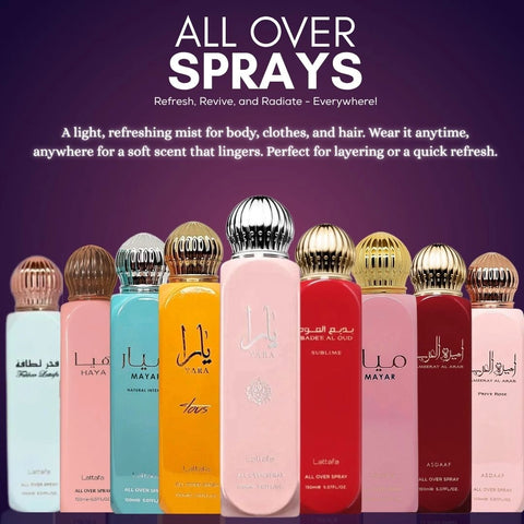 Haya All Over Spray 150ml (5.07 oz) by Lattafa | Champagne’s Fizz, Gardenia’s Cream, Praline’s Kiss - Intense Oud