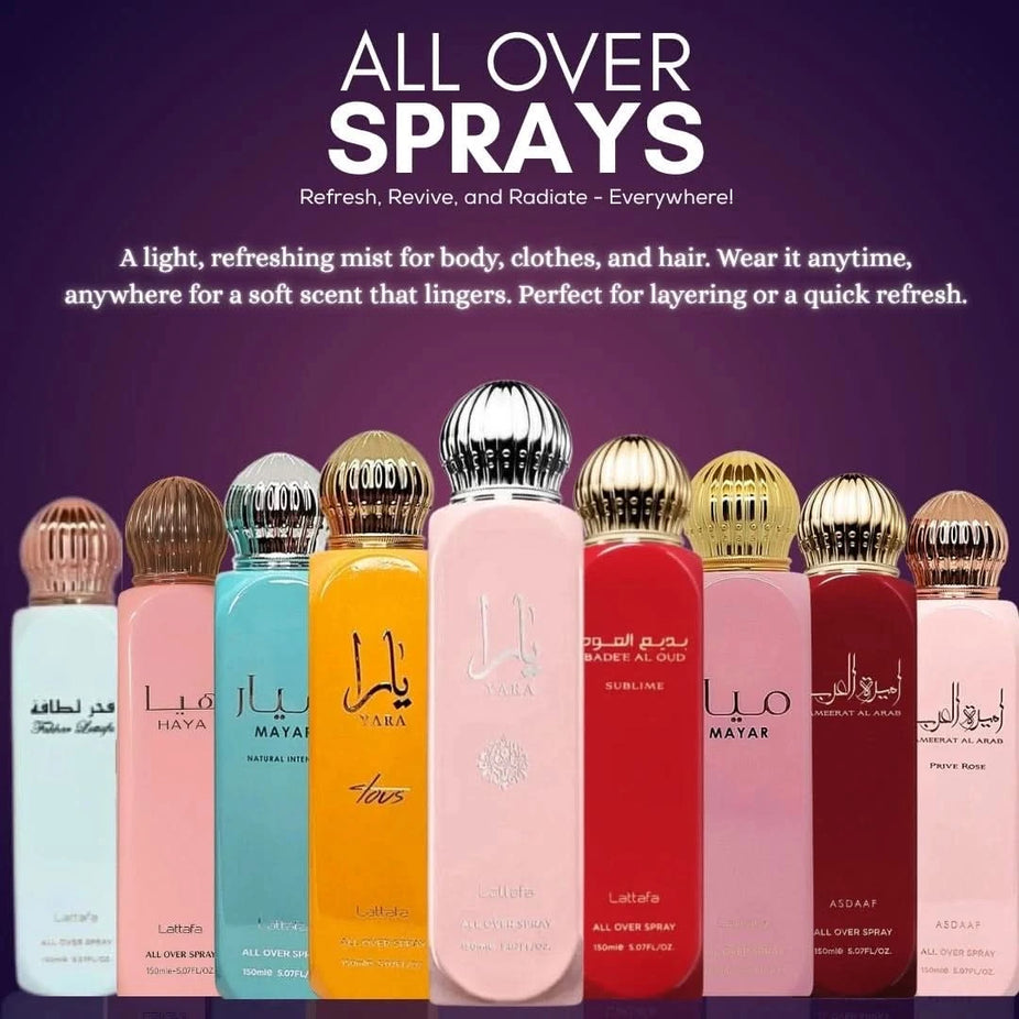 Ameerat Al Arab All Over Spray by Asdaaf, 150ml, featuring a decorative spray bottle with floral and Arabian-inspired design.