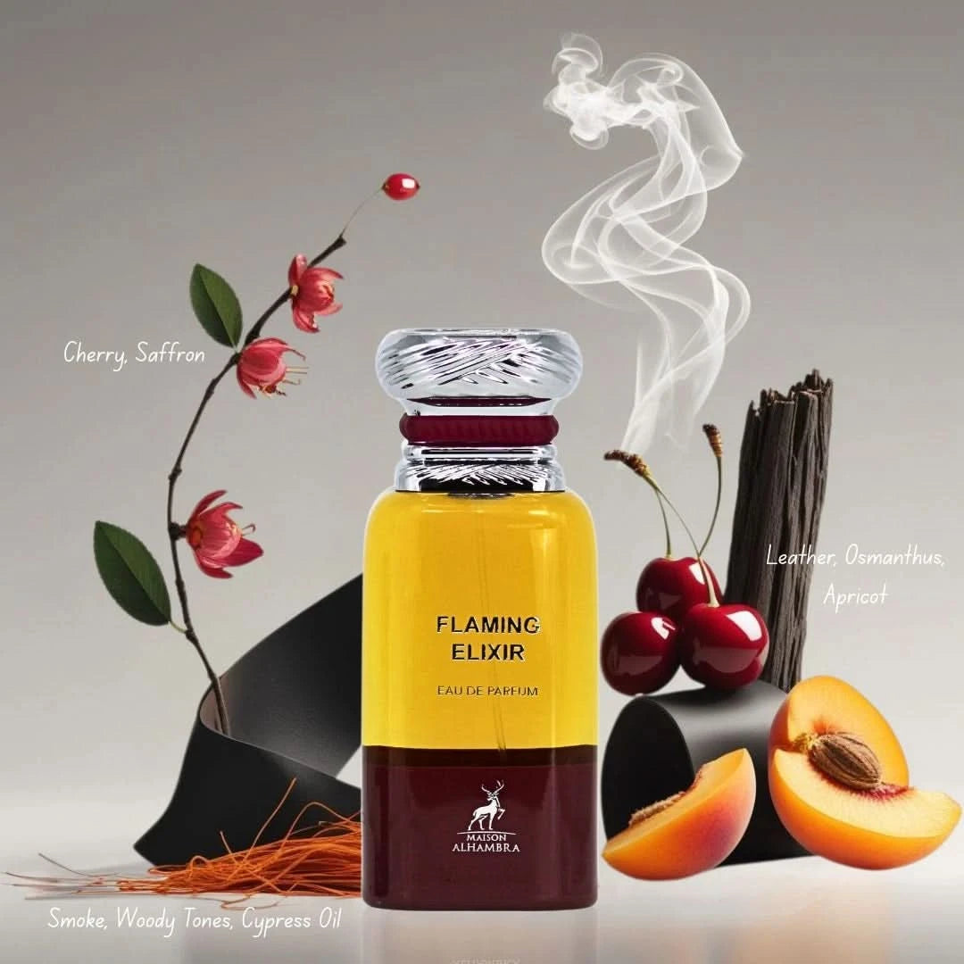Flaming Elixir Eau de Parfum spray by Maison Alhambra, 80ml, featuring fiery, vibrant fragrance packaging with a flaming design.