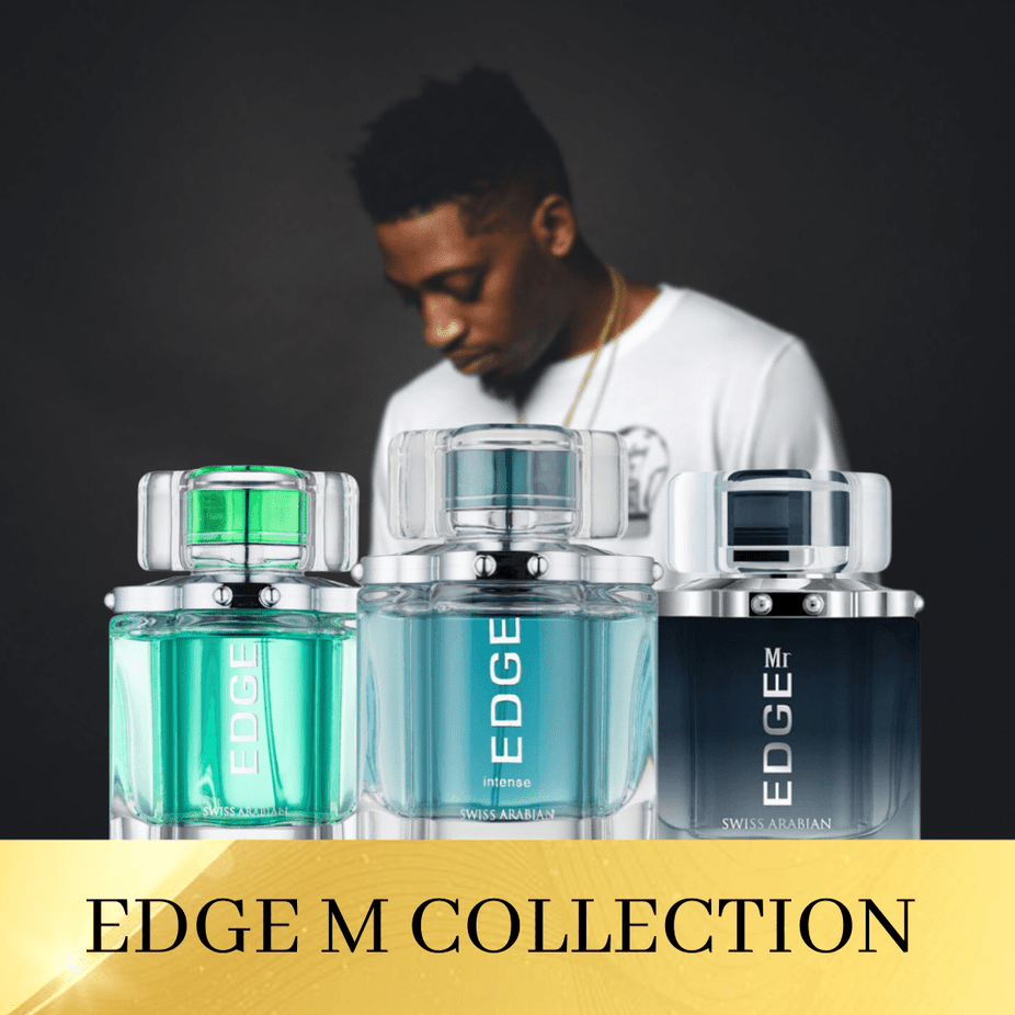 Swiss Arabian Edge 3-piece EDP men’s collection bottles including Edge, Mr. Edge, and Edge Intense, displayed in a sleek display.