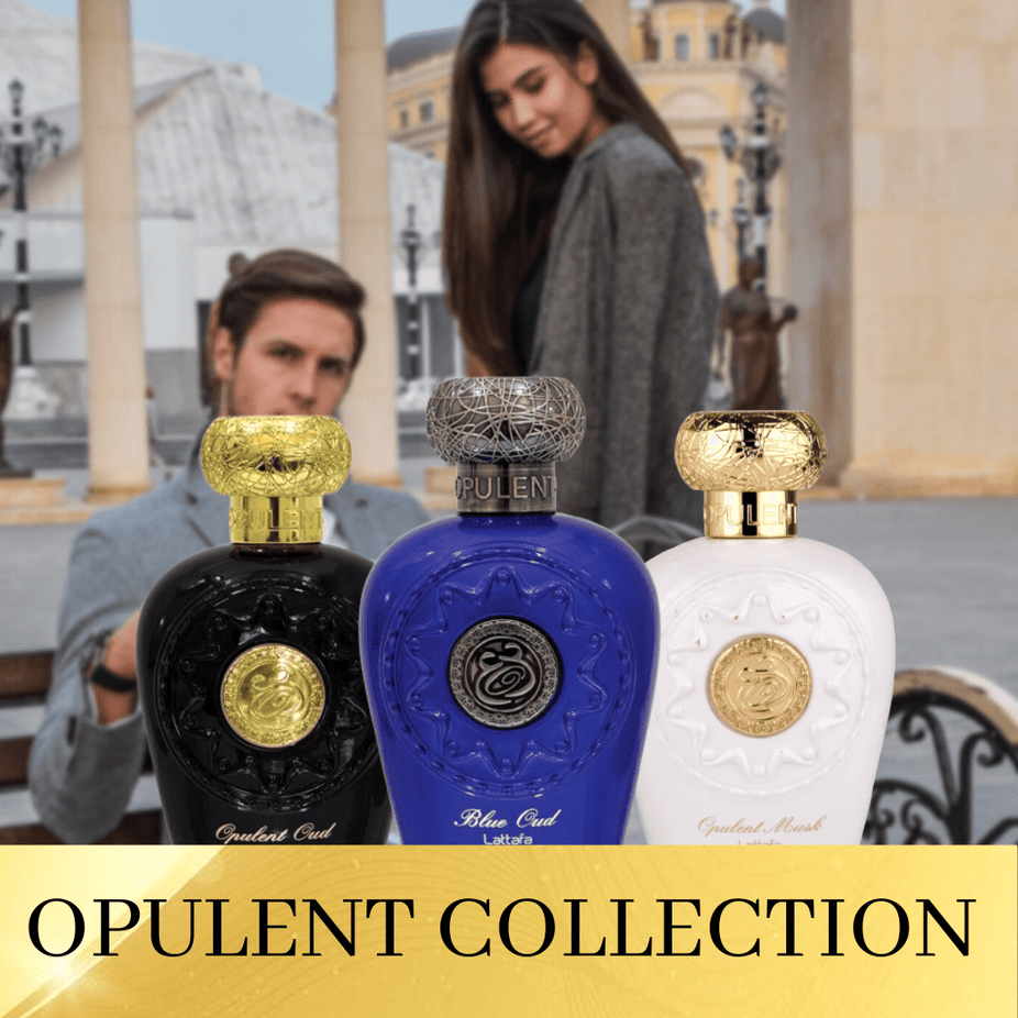 Lattafa Opulent 3-Piece EDP set featuring Unisex Musk, Oud, and Blue Oud fragrances in 100ml bottles.