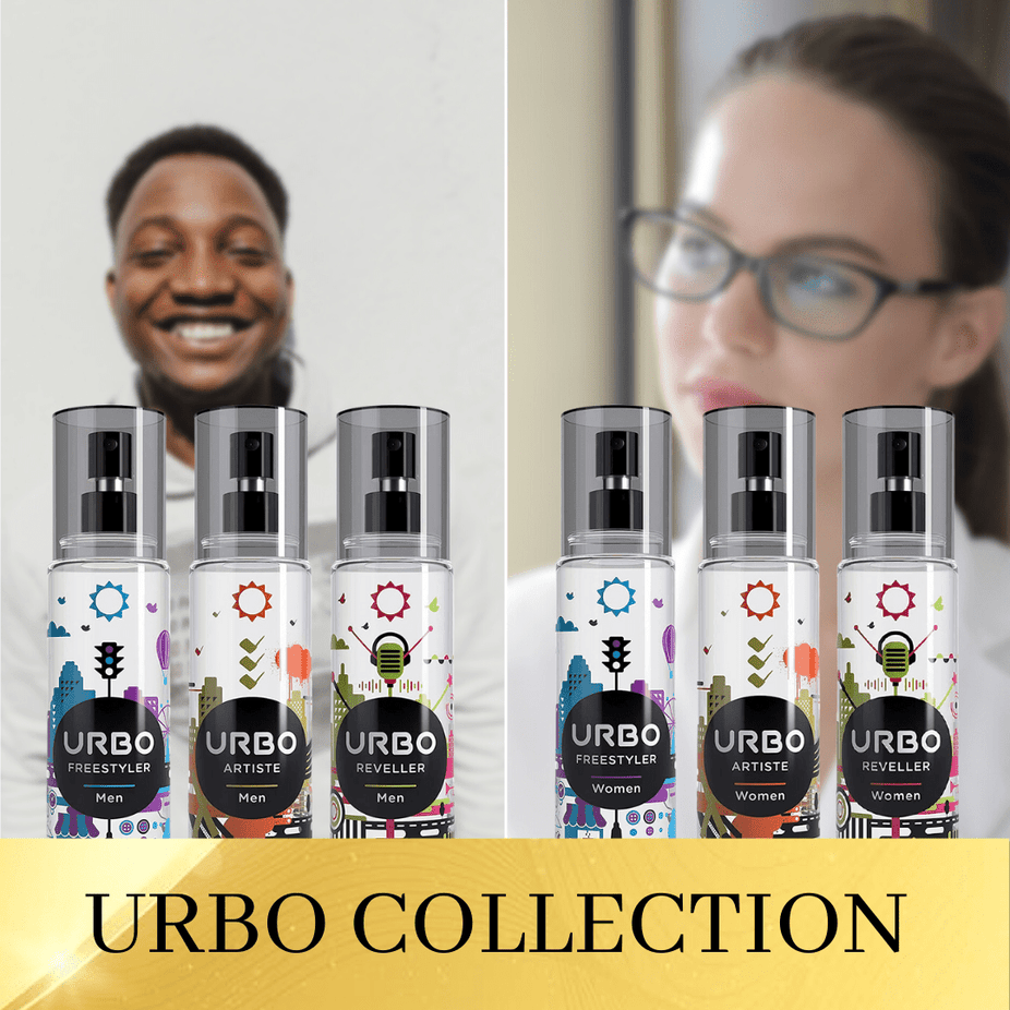 Urbo 6-piece body spray collection featuring men's and women's body mists including Artiste, Reveller, and Freestyler.