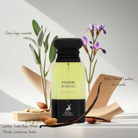 Fusion Intense Eau de Parfum Spray 80ml (2.7 oz) by Maison Alhambra | Creamy Woods, Suede Smoothness, Aromatic Fire - Intense Oud
