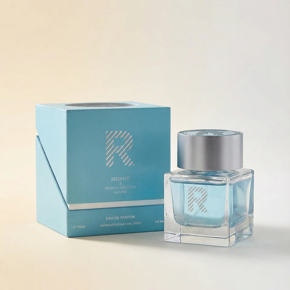 Rohit Azure Eau de Parfum spray by Bharara, 100ml, with a sleek bottle and box on the left side.