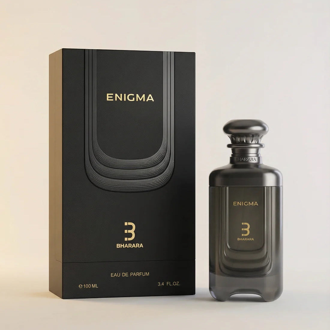 Bharara Enigma Eau de Parfum Spray 100ml bottle with elegant black packaging and silver accents, displayed on a white background.