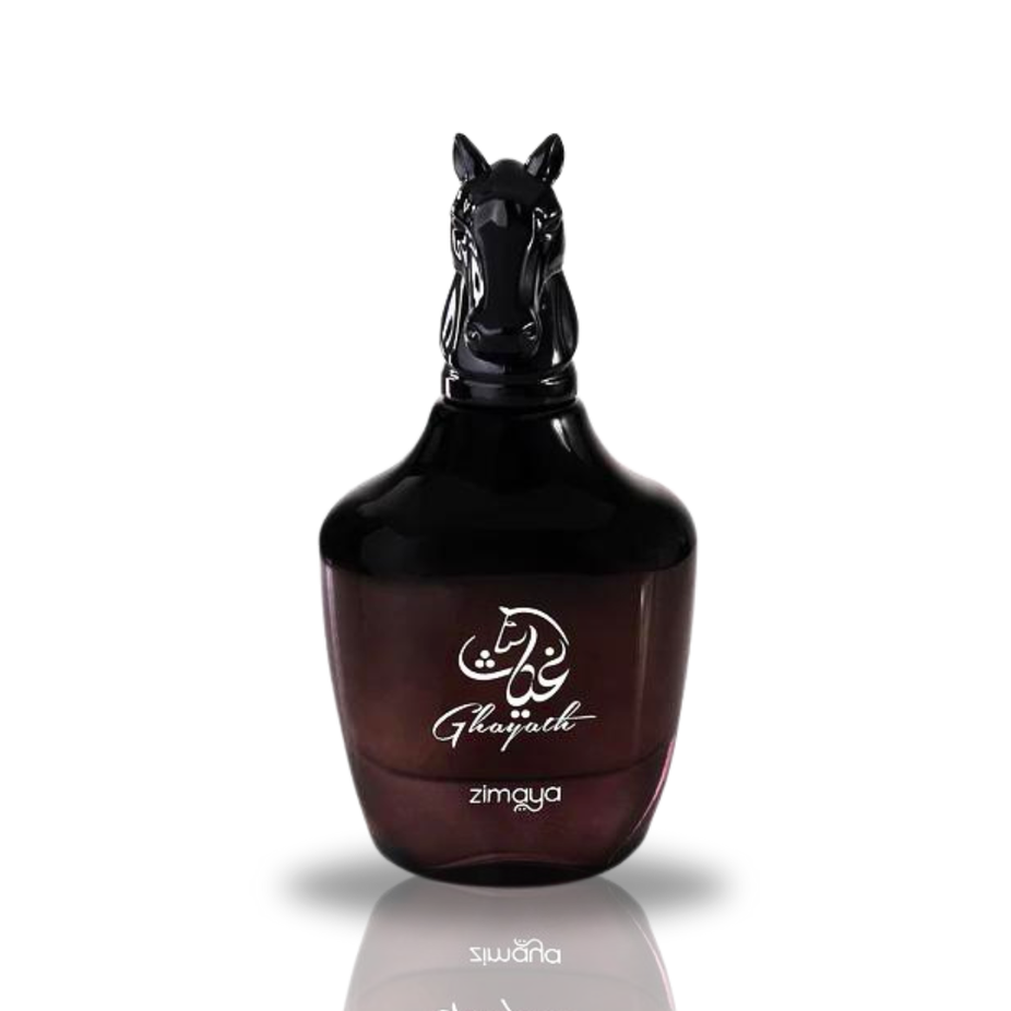 Ghayath Eau De Parfum spray by Zimaya, 100ml, with long-lasting woody fragrance for men and women, shown in the image.