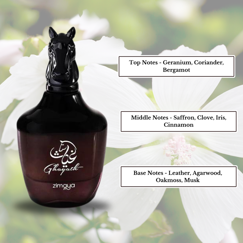 Ghayath Eau De Parfum spray by Zimaya, 100ml, featuring a long-lasting woody fragrance for men and women.
