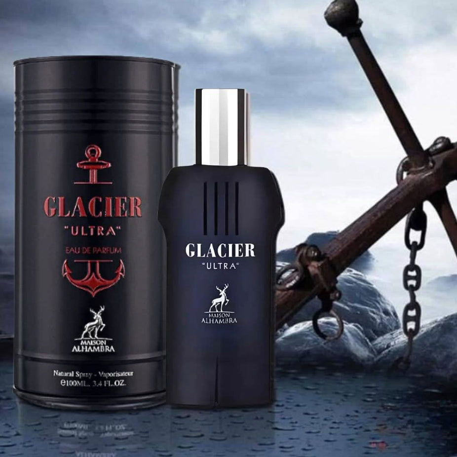 Maison Alhambra Glacier Ultra Eau de Parfum Spray 100ml bottle with sleek design and elegant packaging.