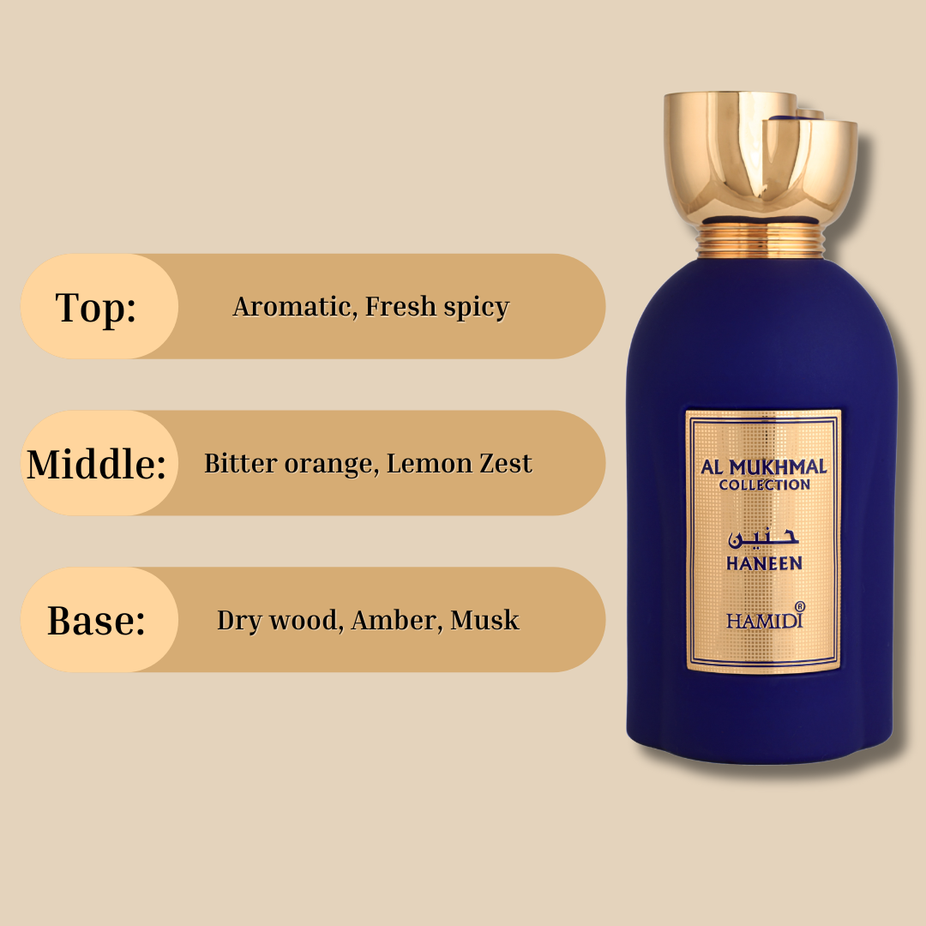 Hamidi HANEEN EDP Spray 100ml with elegant bottle, exotic fragrance capturing nostalgic floral and oriental notes.
