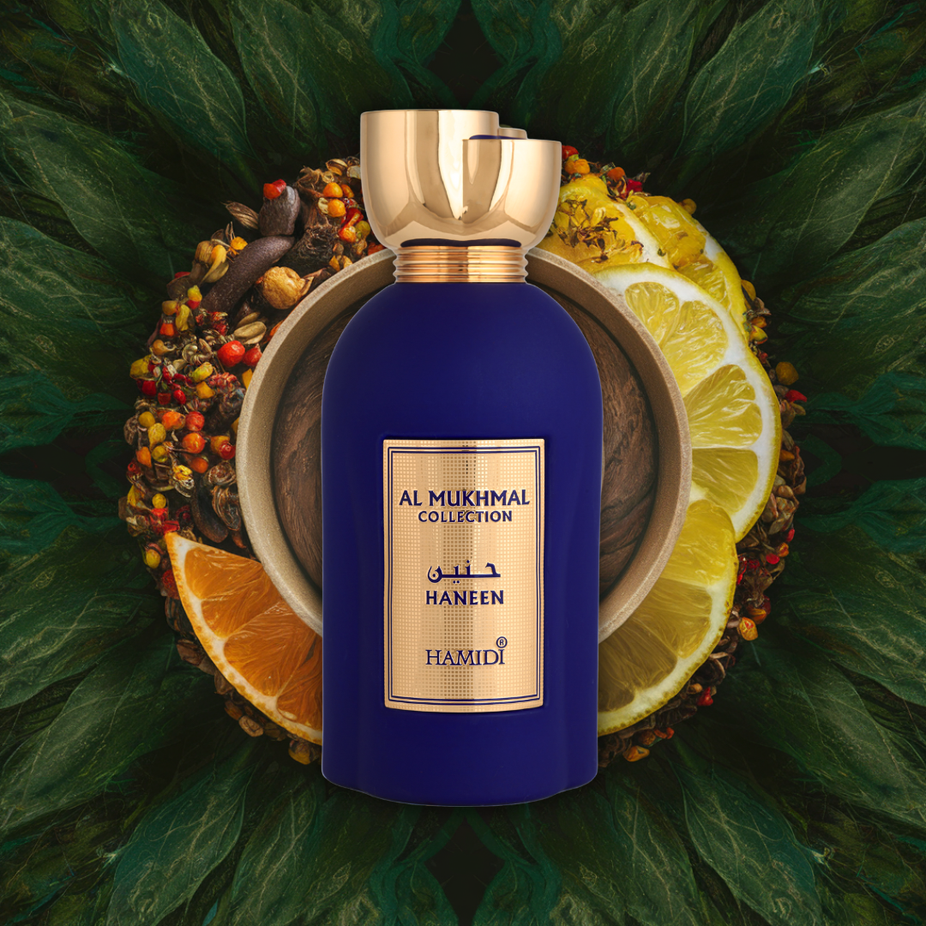 Hamidi HANEEN EDP spray 100ml, exotic floral fragrance bottle with elegant packaging, capturing nostalgic and sensual scent.