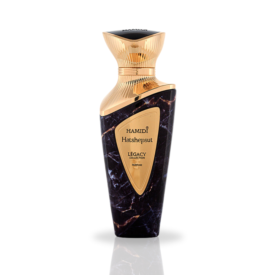 Hamidi Hatshepsut EDP perfume spray 100ml bottle, showcasing elegant packaging with a regal design and floral accents.