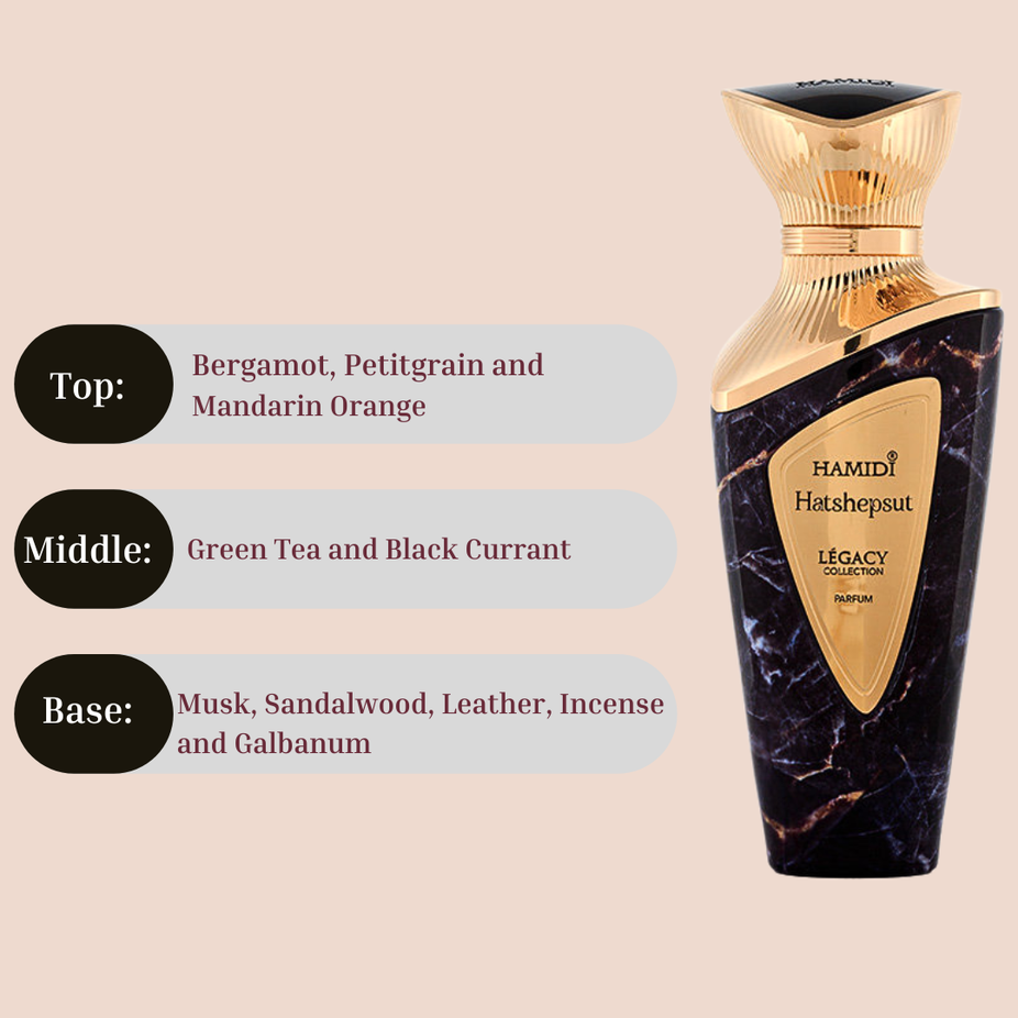 Hamidi Hatshepsut EDP perfume spray 100ml with elegant bottle design, embodying regal beauty and sophisticated fragrance.