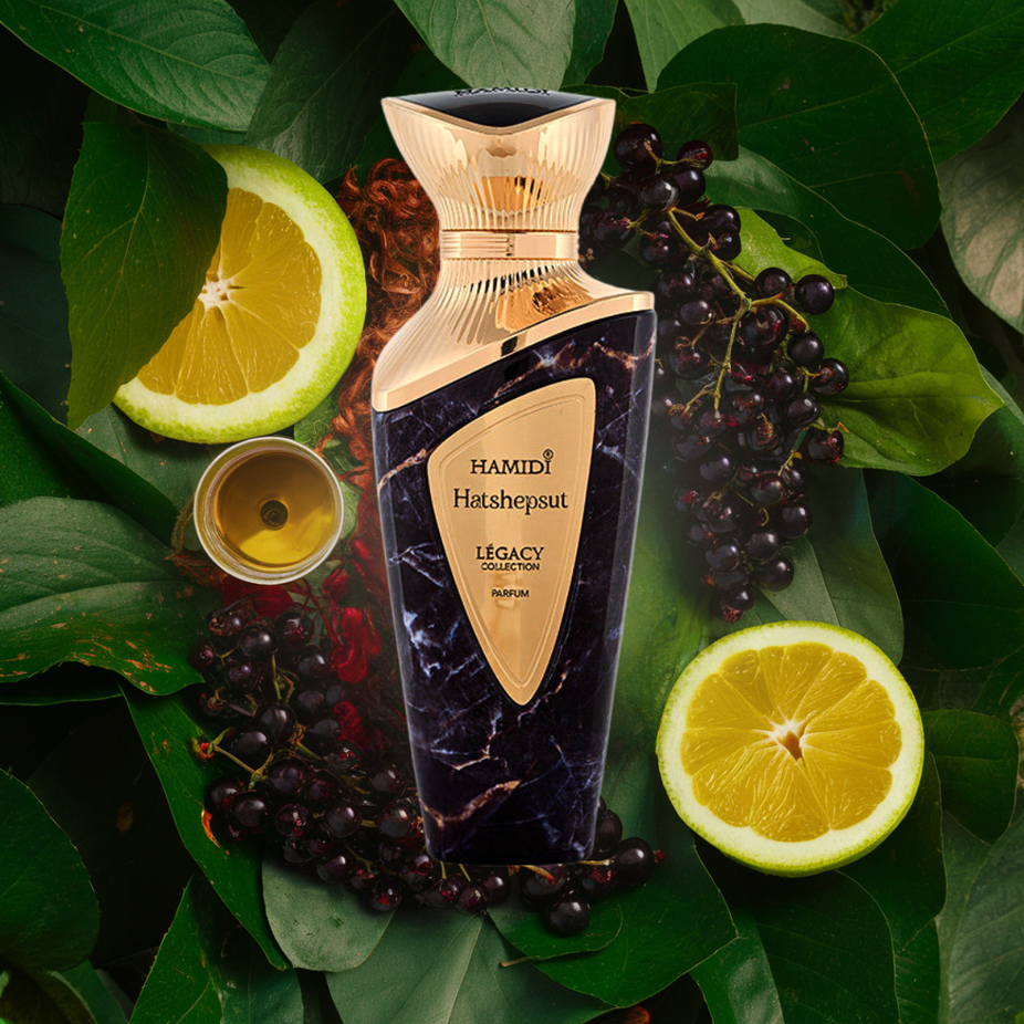 Hamidi Hatshepsut EDP perfume bottle, 100ml, elegant packaging showcasing the luxurious fragrance of regal sophistication.