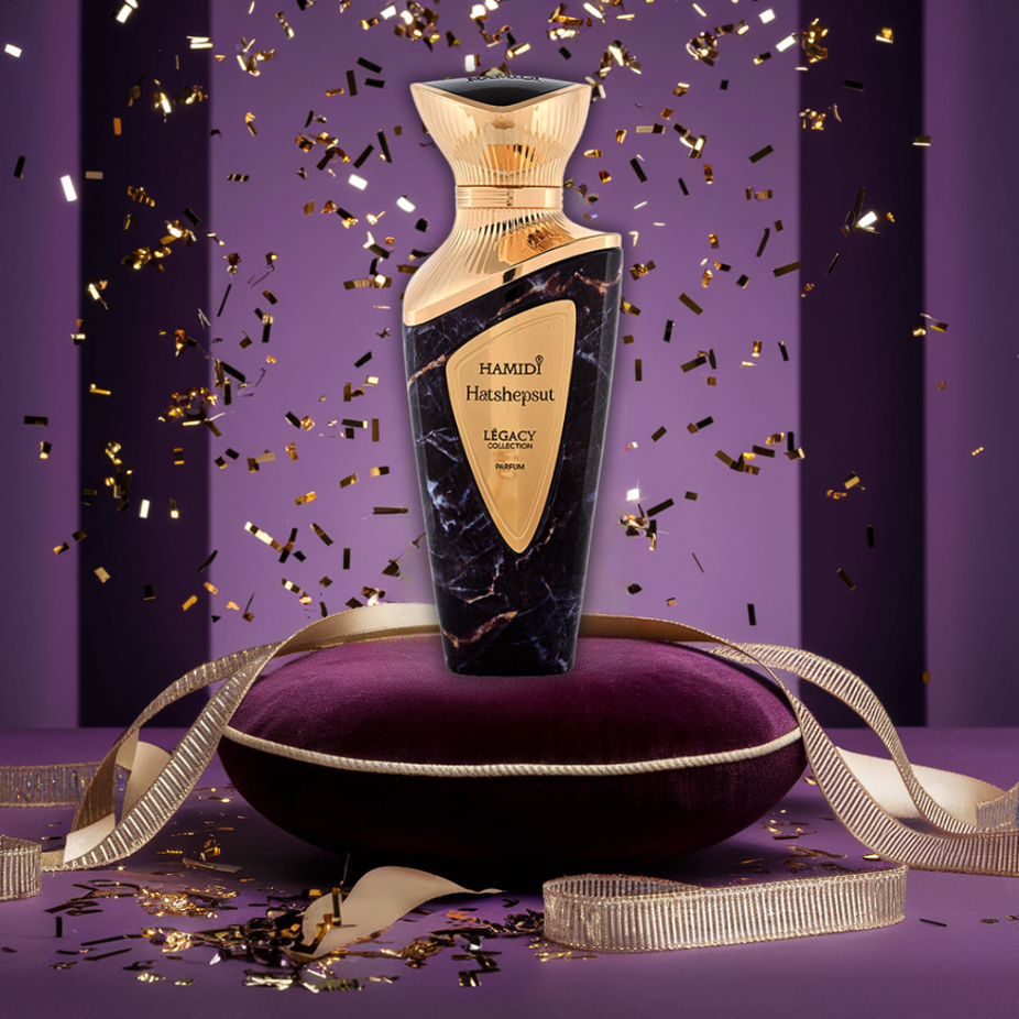 Hamidi Hatshepsut EDP perfume spray 100ml, elegant bottle showcasing the regal design of this majestic fragrance.