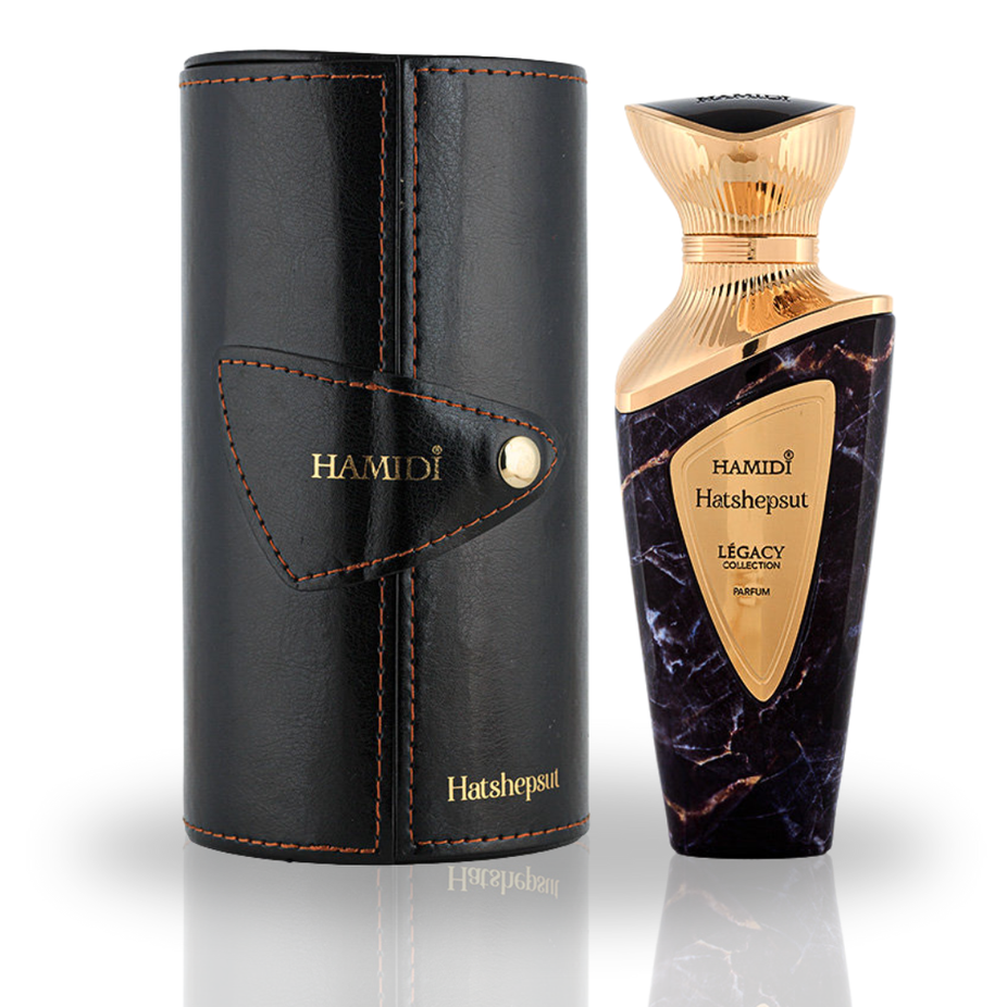 Hamidi Hatshepsut EDP perfume spray bottle, 100ml, showcasing elegant packaging with regal design, representing majestic beauty.