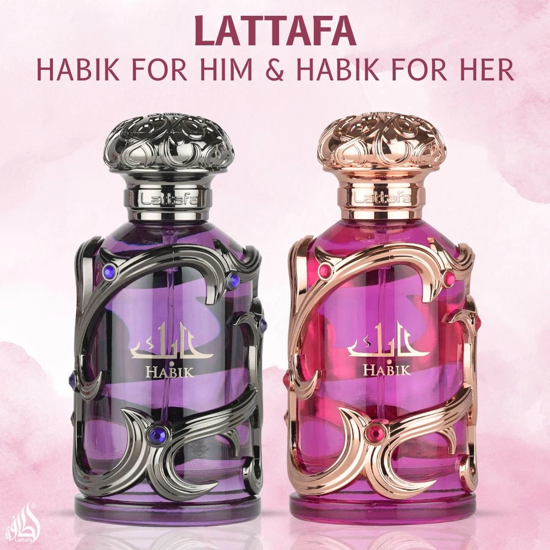 Habik Men & Habik Women Eau de Parfum Sprays 100ml (3.4 oz) by Lattafa | Two Fragrances, One Irresistible Chemistry (Bundle) - Intense Oud
