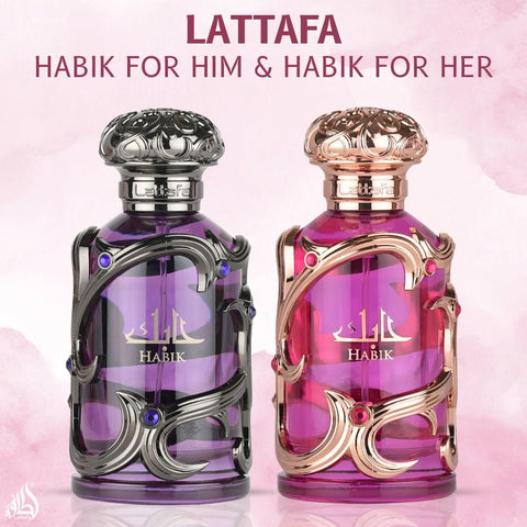 Habik Men & Habik Women Eau de Parfum Sprays 100ml (3.4 oz) by Lattafa | Two Fragrances, One Irresistible Chemistry (Bundle) - Intense Oud