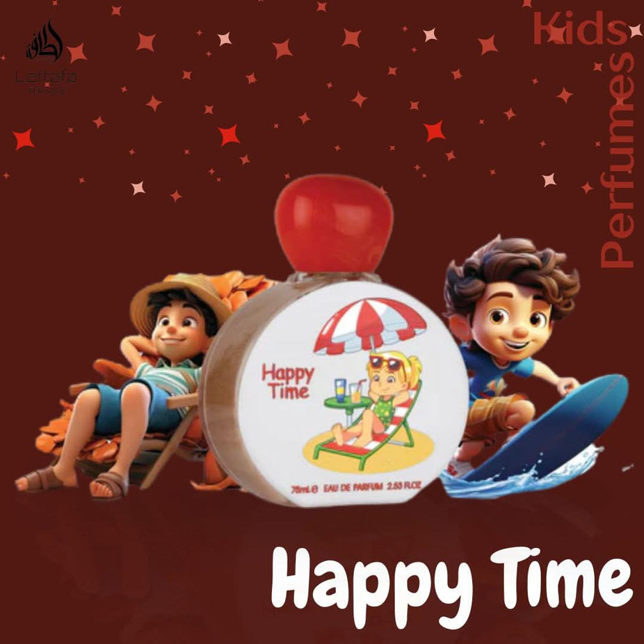 Happy Time for Kids Eau de Parfum spray by Lattafa Pride, 75ml bottle featuring colorful packaging and playful design.