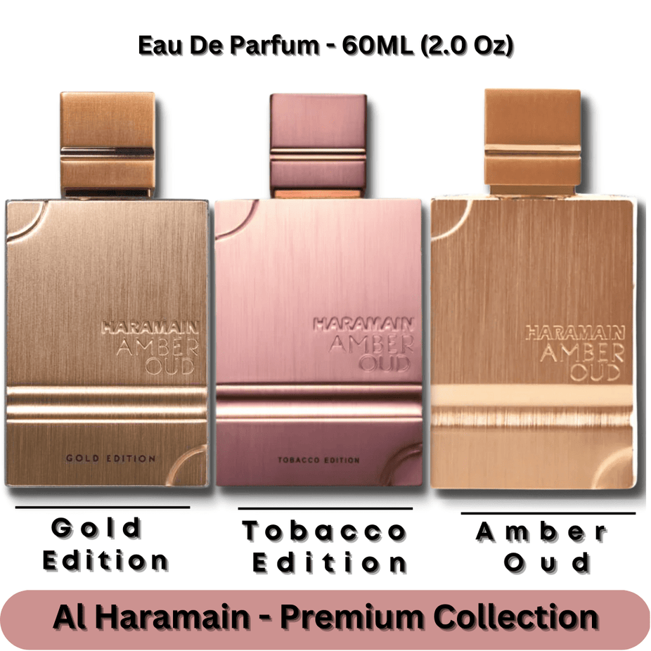 Al Haramain Amber Oud Gold and Tobacco Edition Eau De Parfum bottles, 60ml, with elegant packaging and rich fragrance presentation.