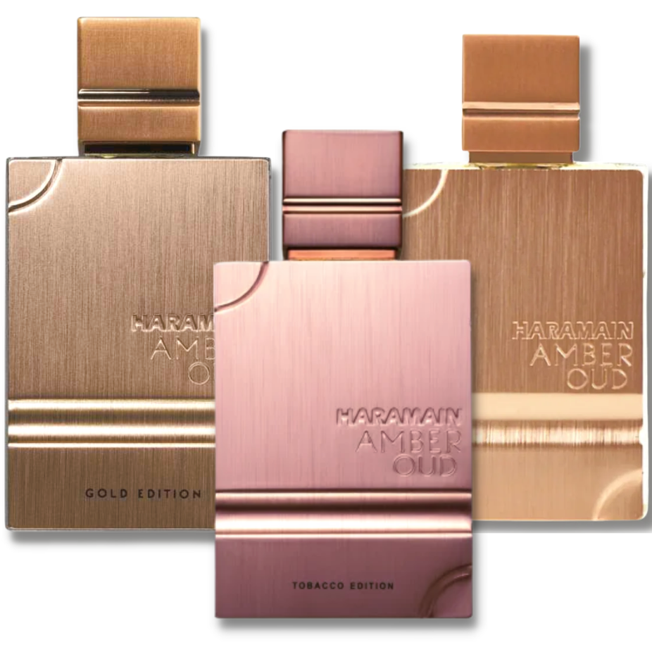 Al Haramain Amber Oud Gold and Tobacco Edition Eau De Parfum bottles, 60ML, with elegant gold packaging and rich fragrance details.