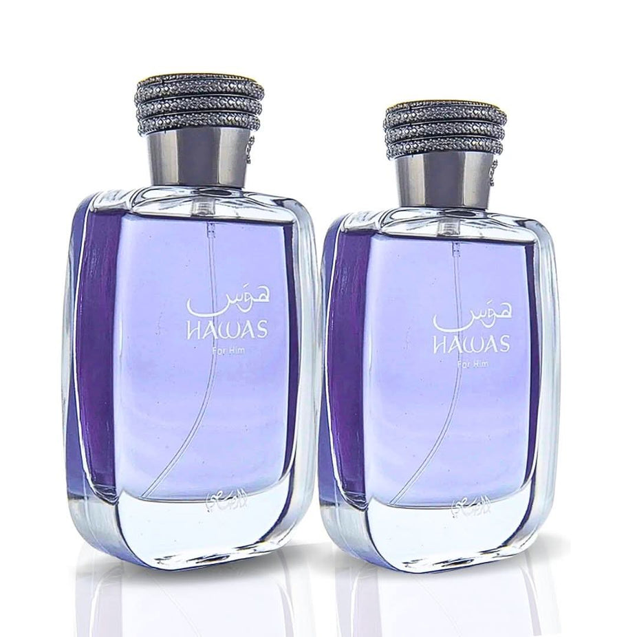 Rasasii Hawas Men Set 2 EDP bottles with apple and bergamot notes, featuring a sleek packaging design for men.