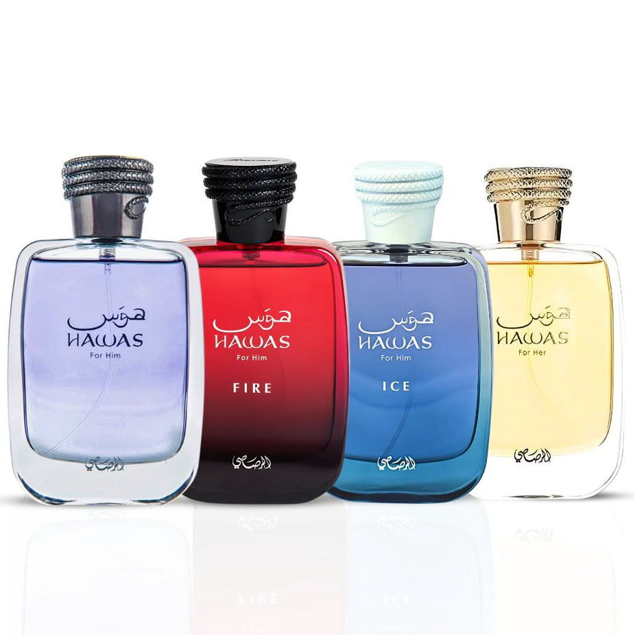 Rasasi Hawas collection including Hawas for Him, Hawas Ice, Hawas Fire, and Hawas for Her Eau de Parfum sprays in 100ml bottles.