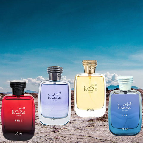 Hawas For Him, Hawas Ice, Hawas Fire & Hawas For Her Eau De Parfum Sprays 100ML (3.4 OZ) By Rasasi | A Masterpiece Collection For Those Who Seek Fragrances With A Unique Allure. (Collection) - Intense Oud