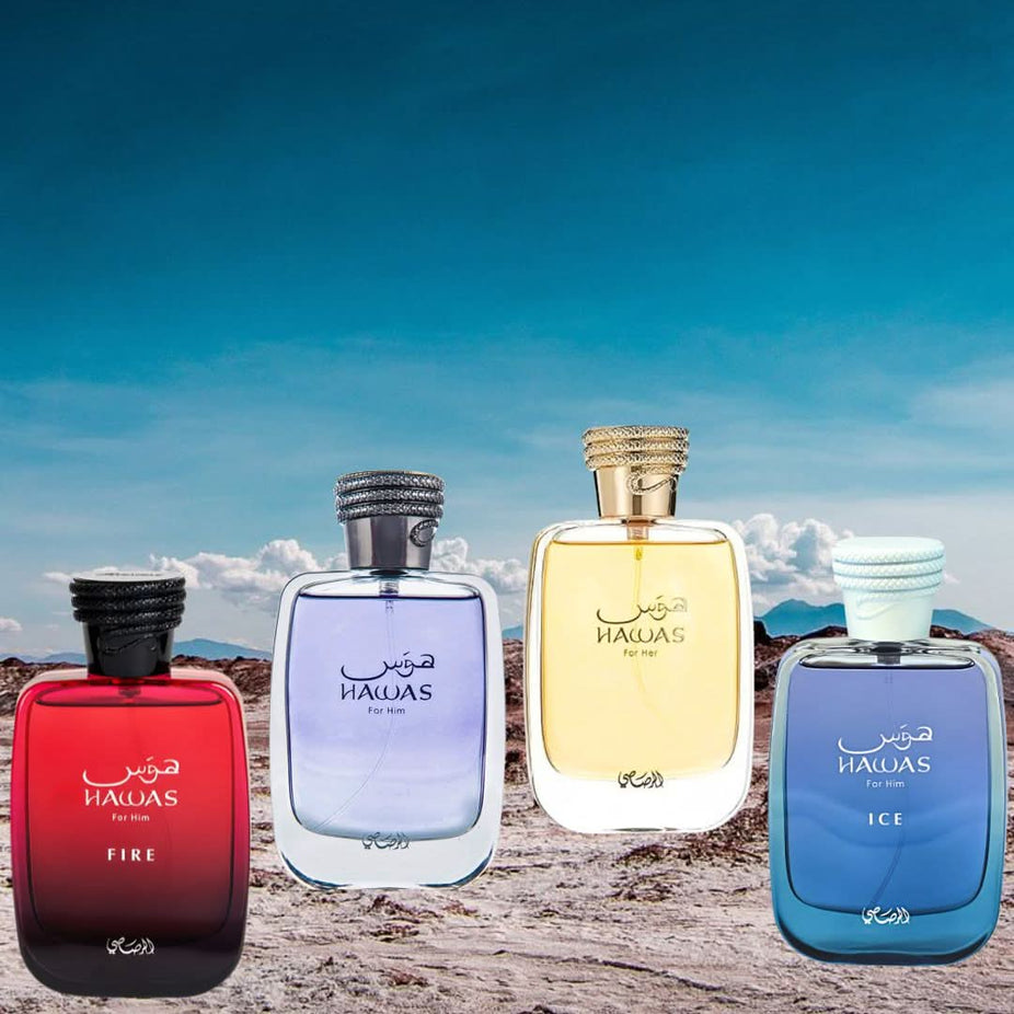 Rasasi Hawas and Hawas Ice, Fire, and for Her Eau de Parfum sprays in 100ml bottles, featuring the collection's distinctive bottles.