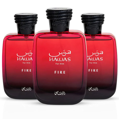 Three bottles of Rasasi Hawas Fire for Him Eau de Parfum spray in a value pack, featuring 100ml (3.4 oz) each, with stylish black packaging.