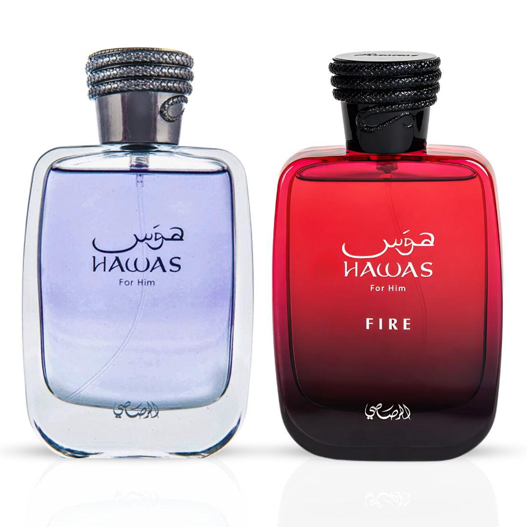 Hawas For Him & Hawas Fire Eau De Parfum Sprays 100ML (3.4 OZ) By Rasasi | Unleash Your Power With Fresh, Intense Notes & Embrace Lasting, Refined Masculine Scents. (BUNDLE) - Intense Oud