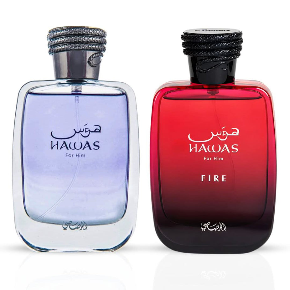 Rasasi Hawas and Hawas Fire Eau de Parfum sprays in a 100ml bundle, featuring sleek bottles with vibrant fragrance labels.