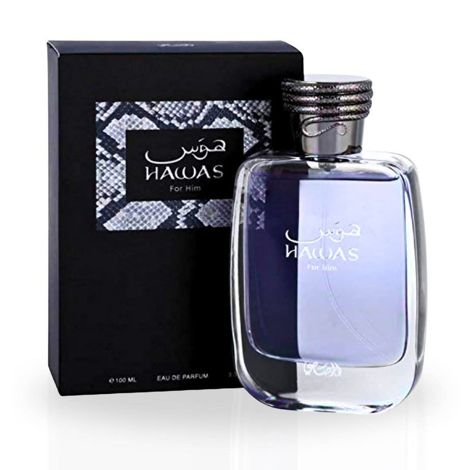 Rasasi Hawas for Him Eau de Parfum spray in a 100ml bottle, featuring a stylish design and a fresh, masculine scent.