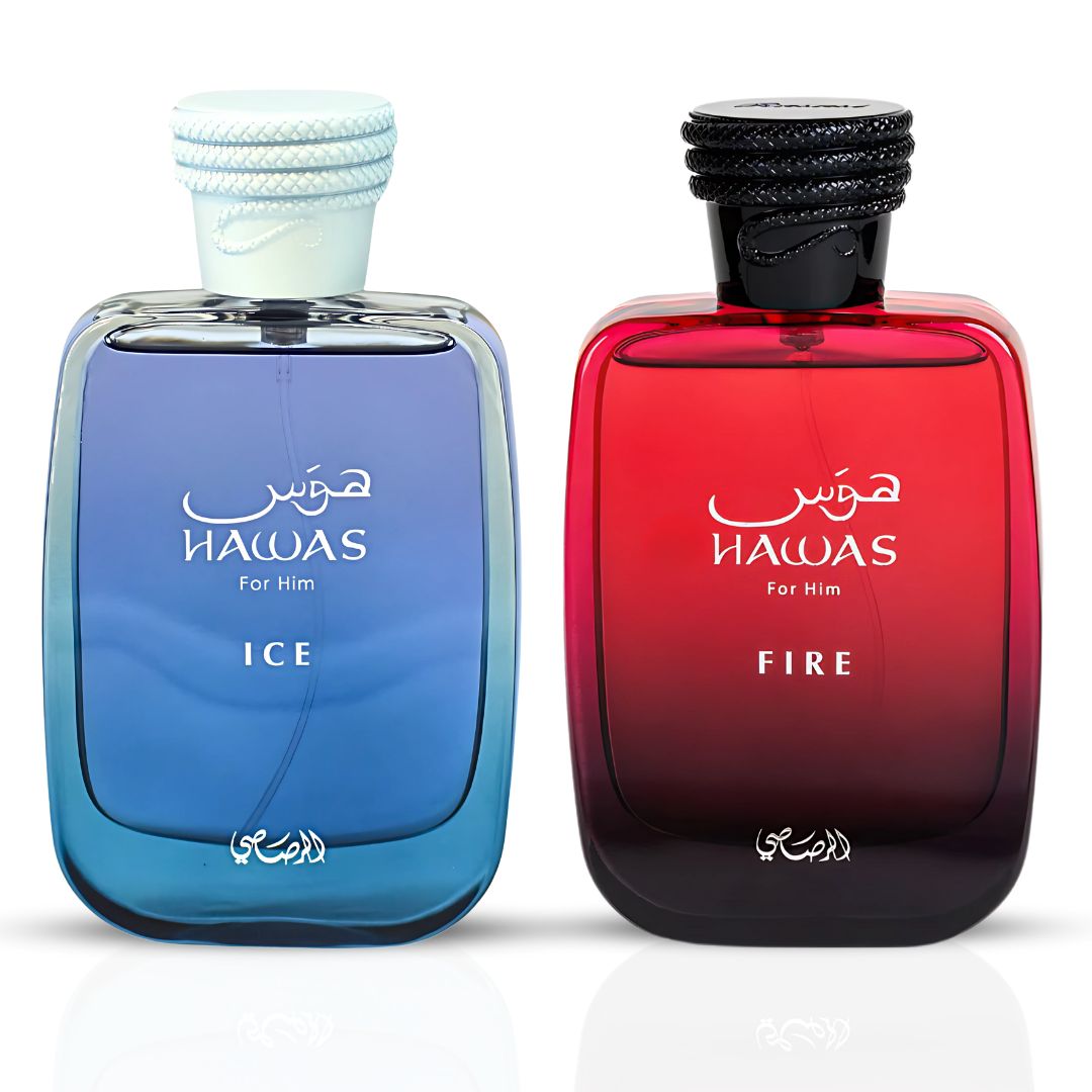 Hawas Ice For Him & Hawas Fire Eau De Parfum Sprays 100ML (3.4 OZ) By Rasasi | Fresh, Bold & Fiery Fragrances For A Lasting Impression. (ICE N FIRE BUNDLE) - Intense Oud