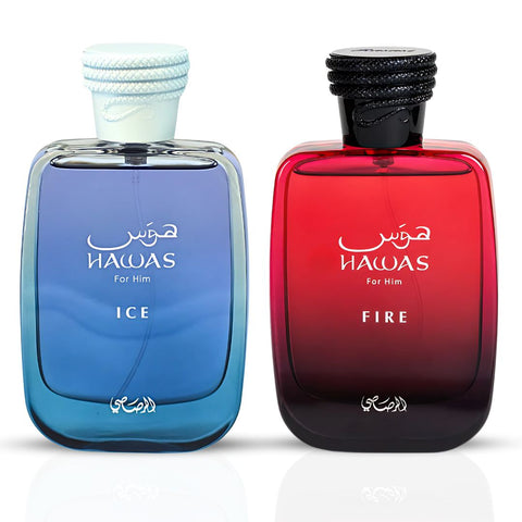 Hawas Ice For Him & Hawas Fire Eau De Parfum Sprays 100ML (3.4 OZ) By Rasasi | Fresh, Bold & Fiery Fragrances For A Lasting Impression. (ICE N FIRE BUNDLE) - Intense Oud