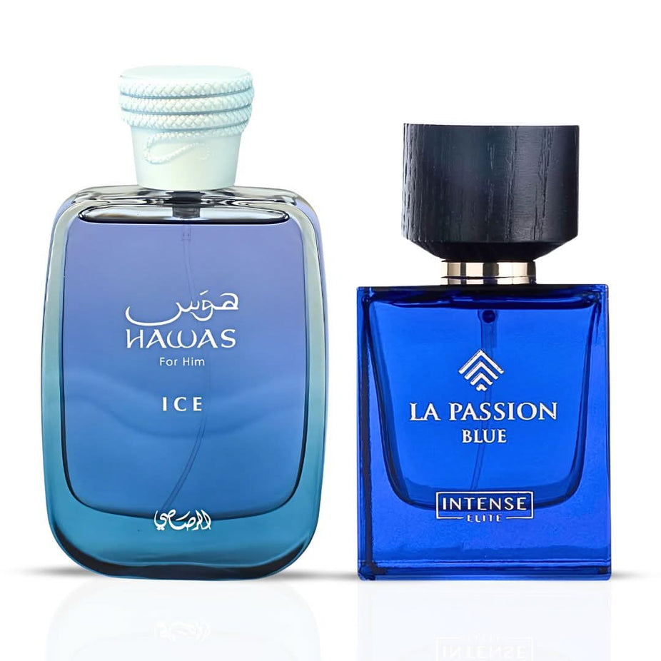 Bundle of 100ml Eau de Parfum sprays featuring Hawas Ice by Rasasi and La Passion Blue by Intense Elite, presented by Intense Oud.