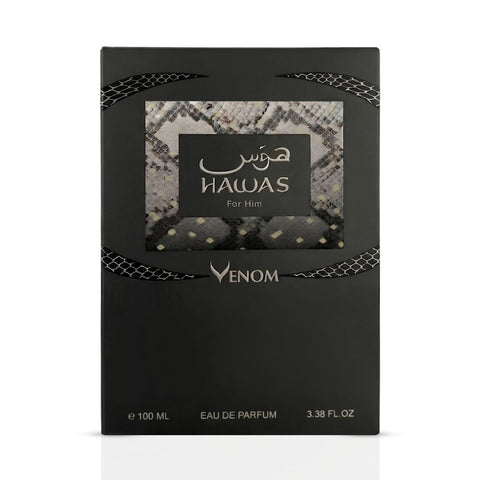 Rasas Hawas Venom Eau de Parfum spray bottle, 100ml, showcasing the sleek design of the Rasasi fragrance for men.