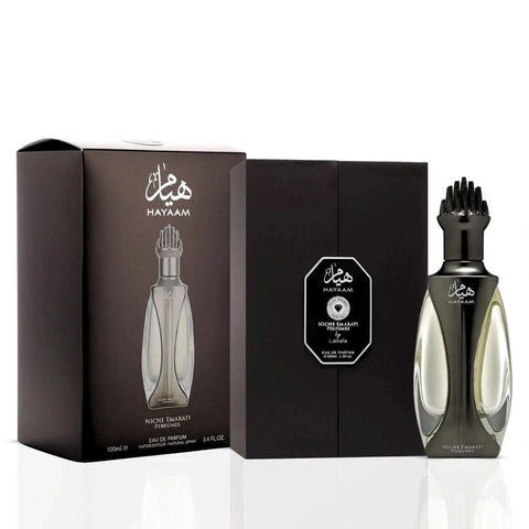 Lattafa Niche Emarati Hayaam Eau de Parfum spray 100ml bottle, elegant design with floral and oriental fragrance notes.