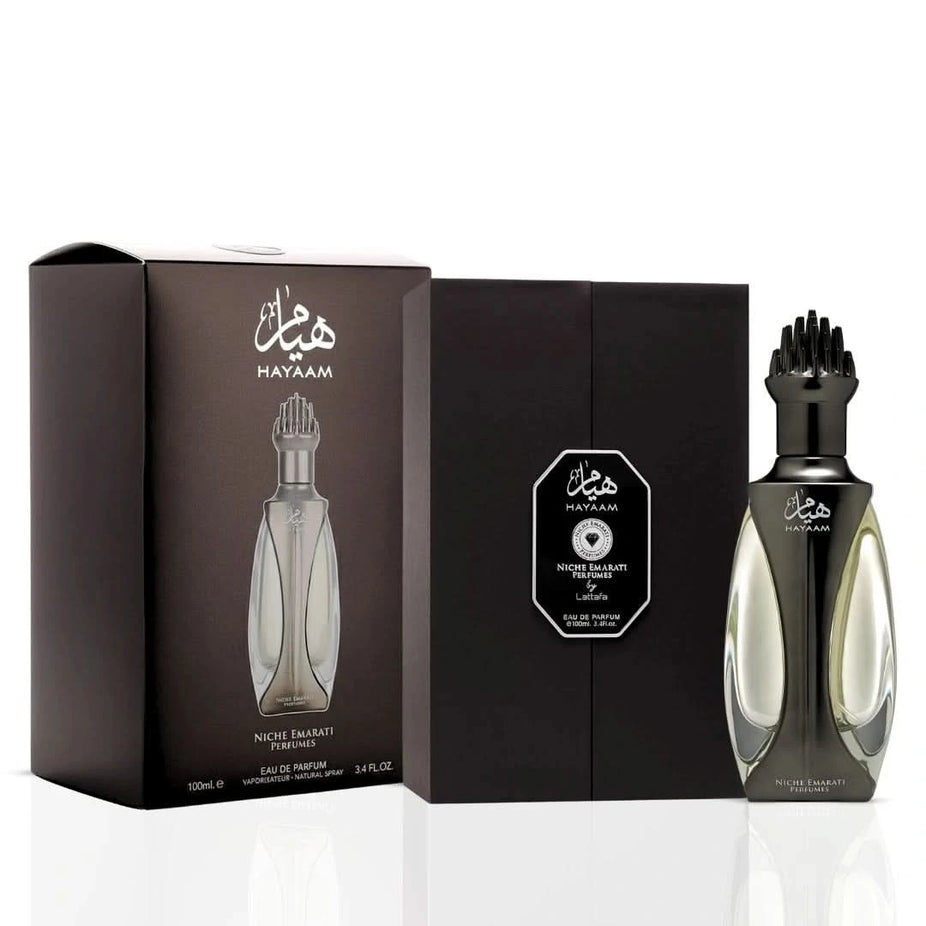 Lattafa Niche Emarati Hayaam Eau de Parfum spray 100ml with elegant bottle and floral, woody scent details.