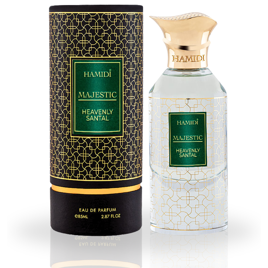 Hamidi Majestic Heavenly Santal EDP perfume spray, 85ml, featuring a delicate floral scent with notes of serenity and bliss.