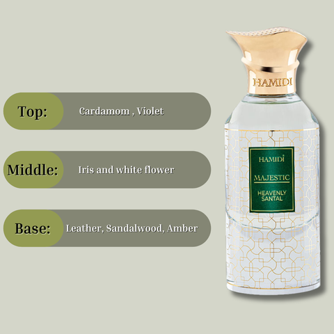 Hamidi Majestic Heavenly Santal EDP spray 85ml with elegant floral design, representing a delicate, serene sandalwood fragrance.