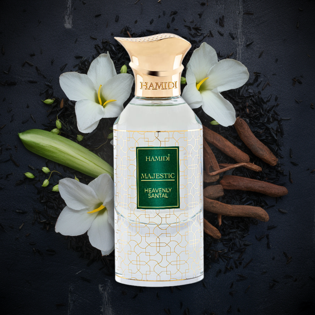 Hamidi Majestic Heavenly Santal EDP spray 85ml with a delicate floral scent, showcasing the elegant bottle and floral design.